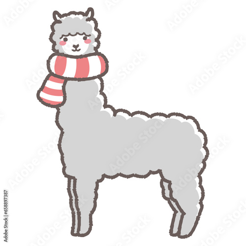 マフラーを巻いたふわふわのアルパカのイラスト（全身）