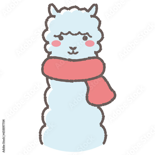 マフラーを巻いたふわふわのアルパカのイラスト（正面向きの顔）