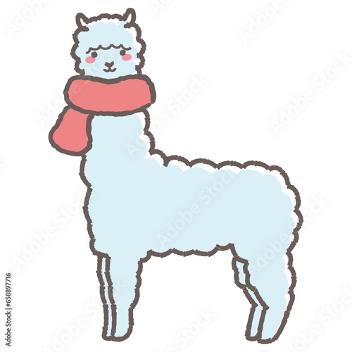 マフラーを巻いたふわふわのアルパカのイラスト（全身）