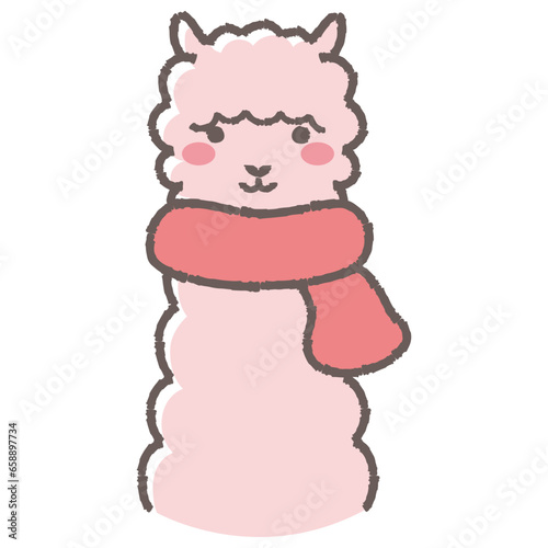 マフラーを巻いたふわふわのアルパカのイラスト（正面向きの顔）