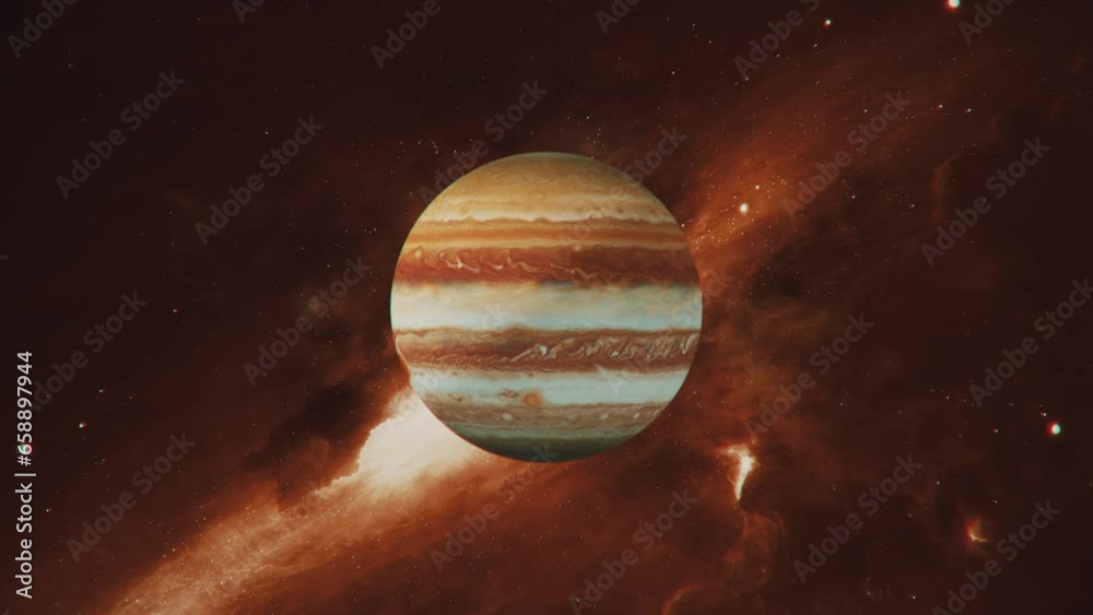 Jupiter in space with epic background of universe. Jupiter slowly rotating in solar system. Big planet in cosmos. Interstellar galaxy. Huge gas giant with great red spot. Dead uninhabited planet Jupiter in space with epic background of universe. Jupiter slowly rotating in solar system. Big planet in cosmos. Interstellar galaxy. Huge gas giant with great red spot. Dead uninhabited planet