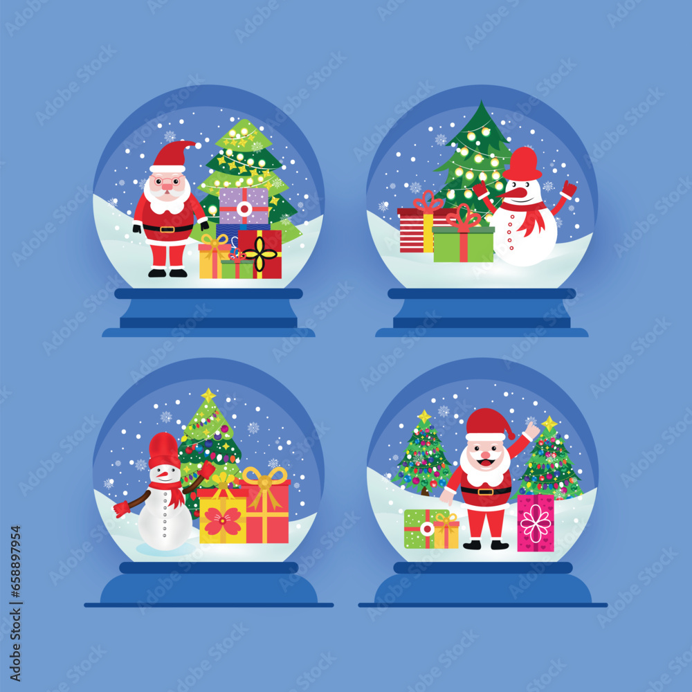 Vector Christmas snowballs set. Santa Claus with presents, Christmas tree, snowman. Winter Holidays snowballs with snowflakes
