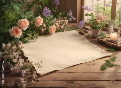 Blank parchment paper with spring florals on wooden table top view