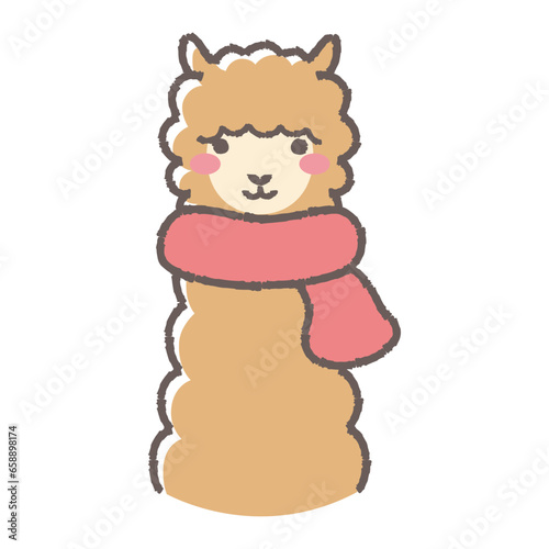 マフラーを巻いたふわふわのアルパカのイラスト（正面向きの顔）