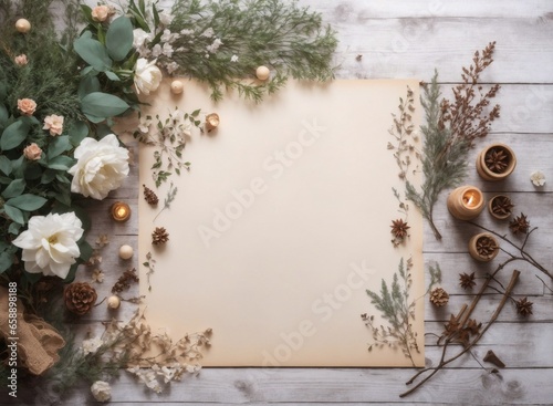 Blank parchment paper with winter elements like flowers, leaves and pinecones on wooden table photo