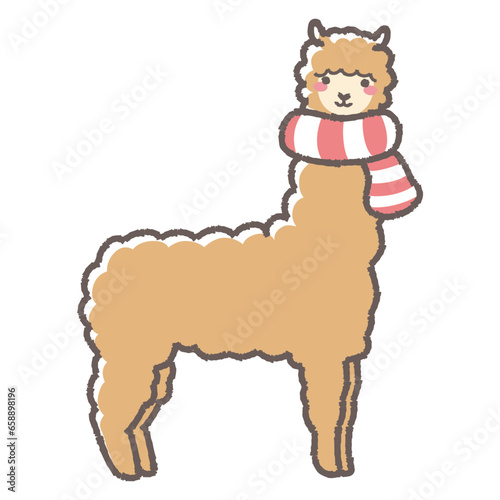 マフラーを巻いたふわふわのアルパカのイラスト（全身）