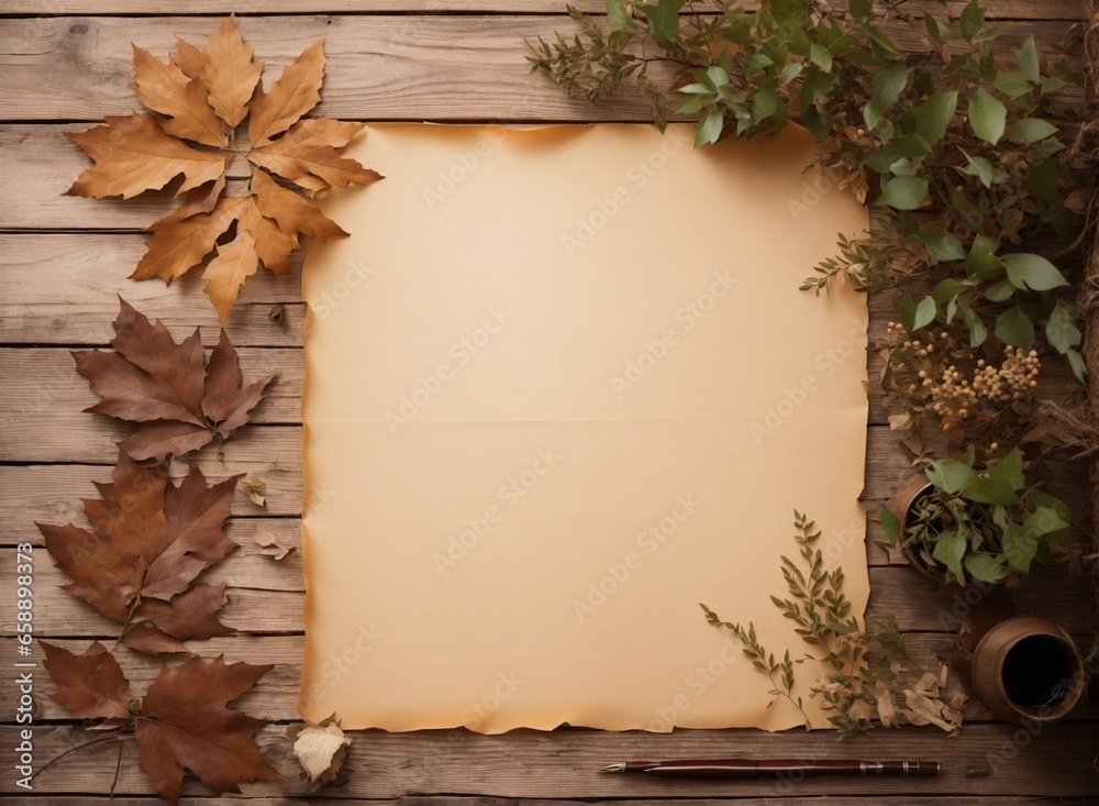 Top view of blank parchment paper and pen on the wooden table decorated with dried plants