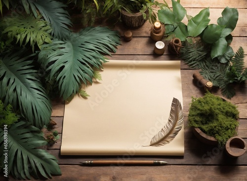 Top view of blank parchment paper, feather pen and candle on the wooden table decorated with jungle plant elements