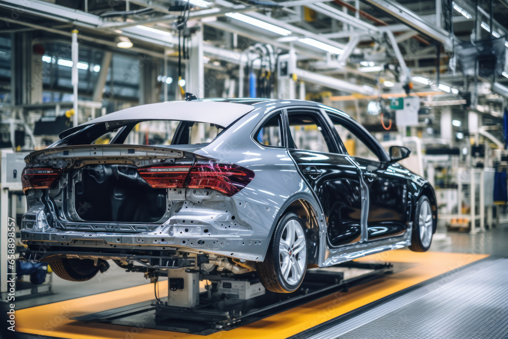 Car production line. Assembling a car on a conveyor belt. Close-up of a car body. Automotive industry Interior of a high-tech factory, modern production. Car production line. Assembling a car on a conveyor belt. Close-up of a car body. Automotive industry Interior of a high-tech factory, modern production.