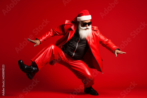 Aged playful emotion Santa in sunglasses with comic grimace fooling around on red background © zamuruev