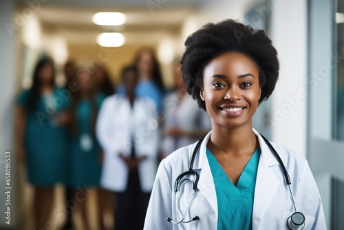Young African Black female doctor stands confidently, ready to provide excellent healthcare.