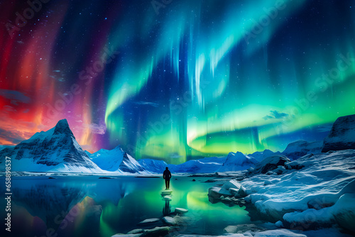 The mountaineer looks admiringly at the northern lights or Aurora phenomenon. Generative Ai. © Patiya