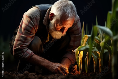 Farmer checks corn sprouts dramatic photography generative ai © Gilang