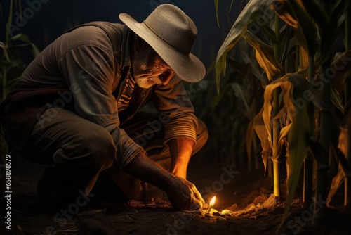 Farmer checks corn sprouts dramatic photography generative ai