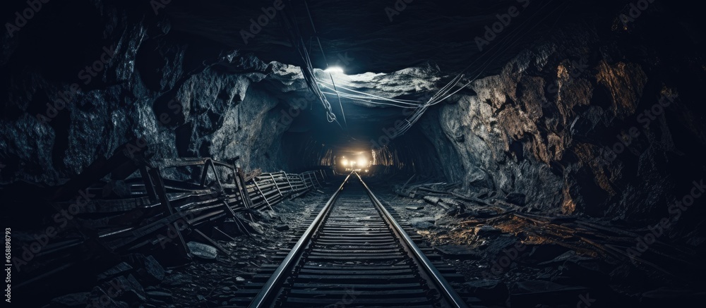 Dark underground tunnel in a railroad mine With copyspace for text - obrazy, fototapety, plakaty 