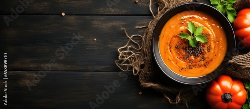 Halloween themed meal pumpkin soup spider web aged wooden table top view empty area With copyspace for text