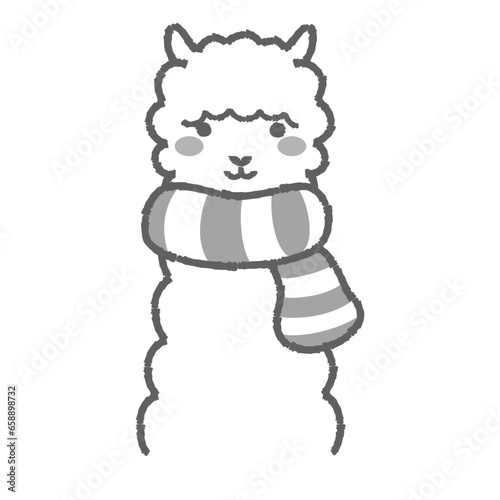 マフラーを巻いたふわふわのアルパカのイラスト（正面向きの顔）白黒