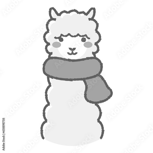 マフラーを巻いたふわふわのアルパカのイラスト（正面向きの顔）白黒