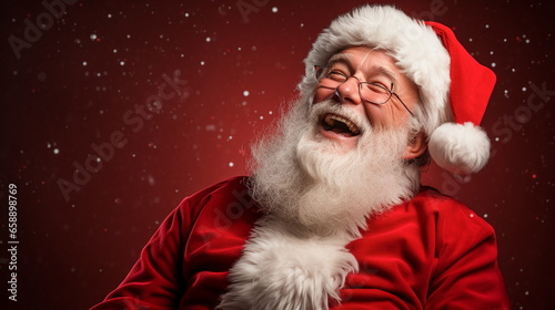 Portrait of santa claus in red suit and eyeglasses on red background
