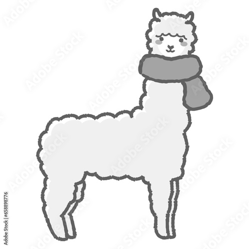 マフラーを巻いたふわふわのアルパカのイラスト（全身）白黒