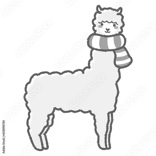 マフラーを巻いたふわふわのアルパカのイラスト（全身）白黒