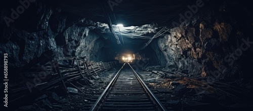 Dark underground tunnel in a railroad mine With copyspace for text