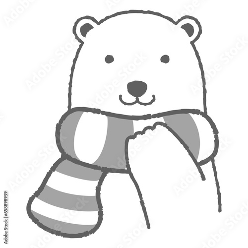 マフラーを巻いたシロクマのイラスト（正面の顔）白黒