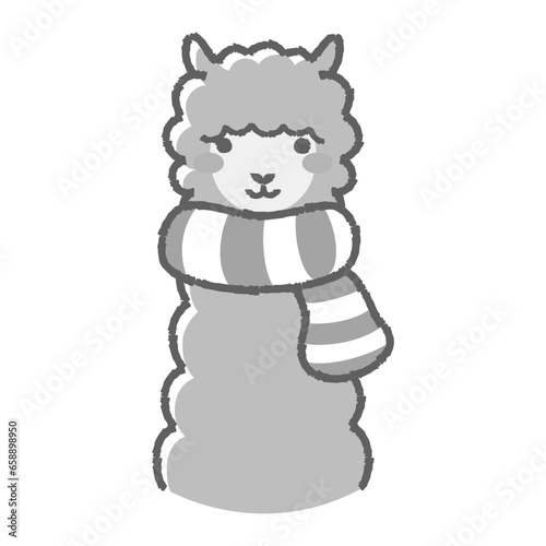 マフラーを巻いたふわふわのアルパカのイラスト（正面向きの顔）白黒