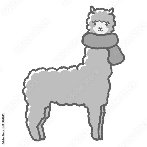 マフラーを巻いたふわふわのアルパカのイラスト（全身）白黒