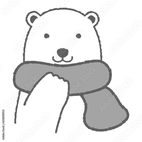 マフラーを巻いたシロクマのイラスト（正面の顔）白黒