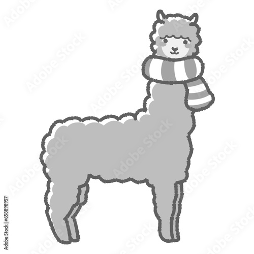 マフラーを巻いたふわふわのアルパカのイラスト（全身）白黒