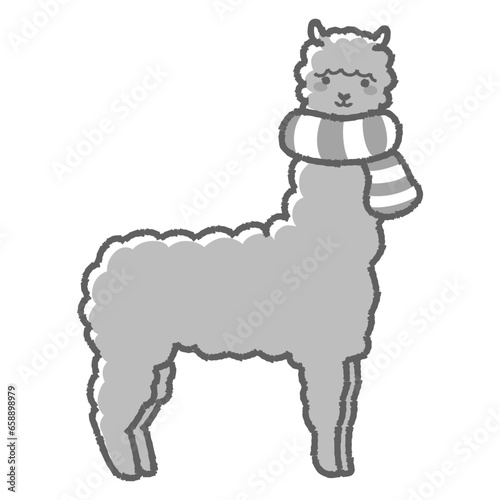 マフラーを巻いたふわふわのアルパカのイラスト（全身）白黒