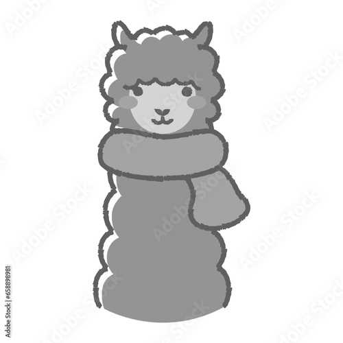 マフラーを巻いたふわふわのアルパカのイラスト（正面向きの顔）白黒