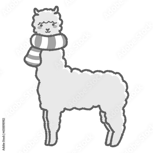 マフラーを巻いたふわふわのアルパカのイラスト（全身）白黒