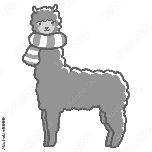 マフラーを巻いたふわふわのアルパカのイラスト（全身）白黒