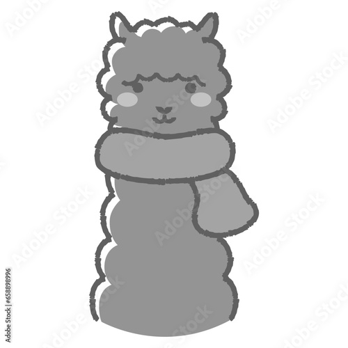 マフラーを巻いたふわふわのアルパカのイラスト（正面向きの顔）白黒