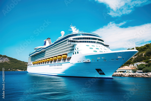 A huge cruise line travels across the sea. Sea travel vacation. Seascape overlooking a cruise liner. Passenger liner enters the port. Tourist travel in the ocean. © Anoo
