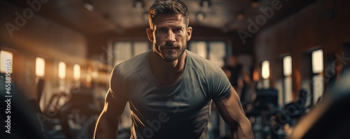 Healthy breaded man concentrate cardio running and check heart pulse rate on a treadmill in fitness sport club with sunlight through window banner size