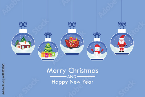 Set of Merry Christmas glass balls hanging on blue background