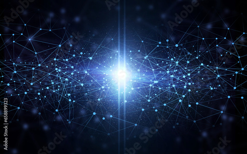 Light, black background and space network with galaxy and pattern graphic with vortex wallpaper. Star, dark and glow with spark and astral glow with blue shine, hologram and art with digital render