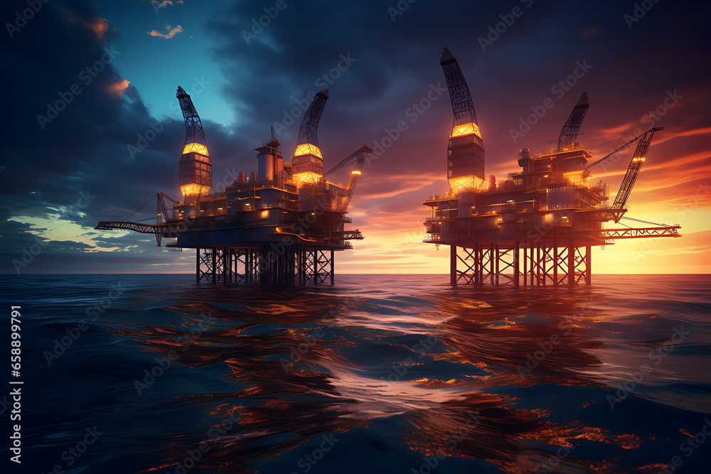 Petroleum drilling rig, offshore drilling rig during sunset