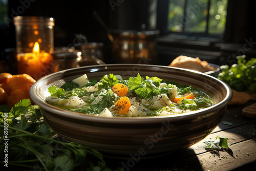 A steaming bowl of homemade soup, with chunks of vegetables, eggs, potatoes, and sprigs of fresh herbs floating at the surface.