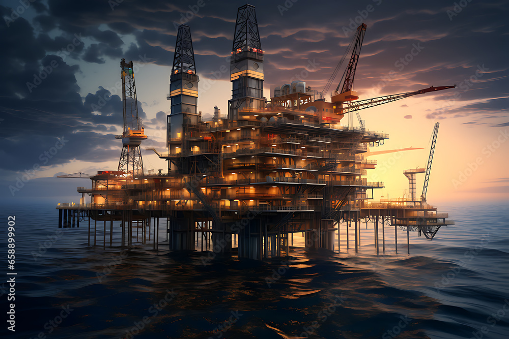 Petroleum drilling rig, offshore drilling rig during sunset