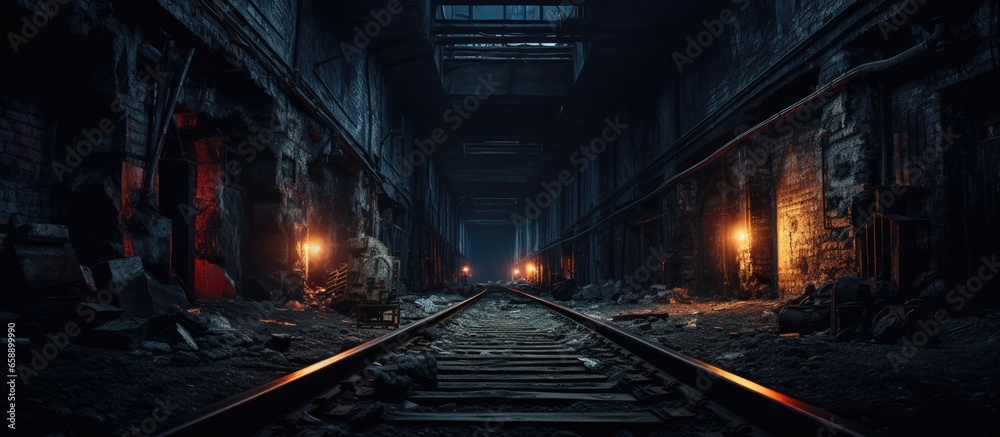 Obraz premium Nocturnal urban train tunnel in downtown With copyspace for text