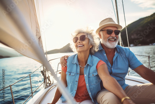 An elderly couple sits in a boat or yacht against the backdrop of the sea. Happy and smiling. Yacht trip. Sea voyage, active recreation. Love and romance of older people.