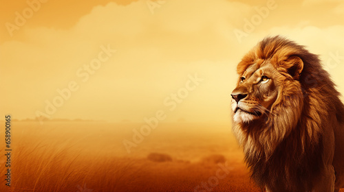 A close-up of a regal lion, basking under a golden sun, with wind ruffling its magnificent mane © Artyom