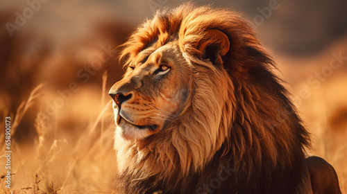A close-up of a regal lion, basking under a golden sun, with wind ruffling its magnificent mane