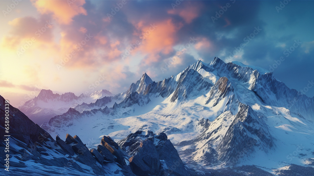 Obraz premium Majestic mountain peak illuminated by golden sunlight against a vibrant evening sky