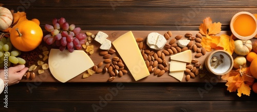 Flatlay of woman s hands cutting cheese on wooden board with grapes dried fruits nuts pumpkin seeds and cheese plate on table with strip tablecloth With copyspace for text