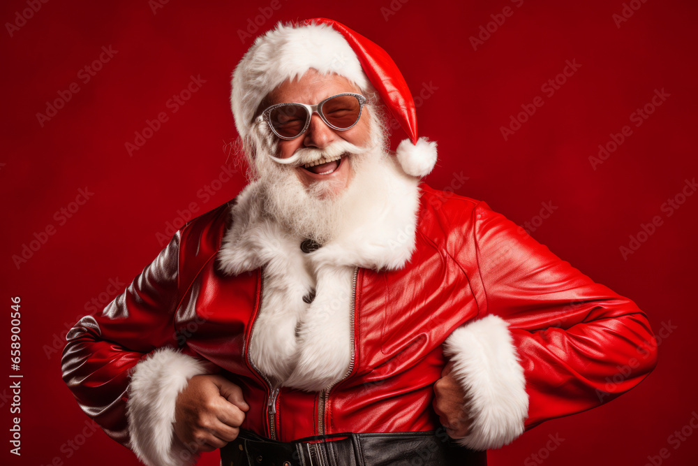 Aged playful emotion Santa in sunglasses with comic grimace fooling around on red background - obrazy, fototapety, plakaty 